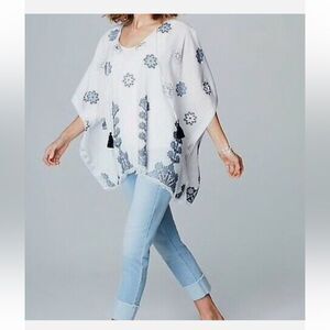 Jill Light & Airy Ocean Breeze Blue Jacquard BoHo PRINT SCARF PONCHO